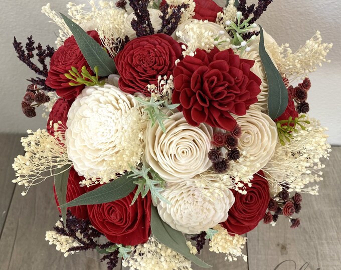 Wedding Bouquet, Bridal Bouquet, Sola Flower, Wedding Flower, Wooden Flower, Red, Ivory, Rustic, Boho, Lily of Angeles