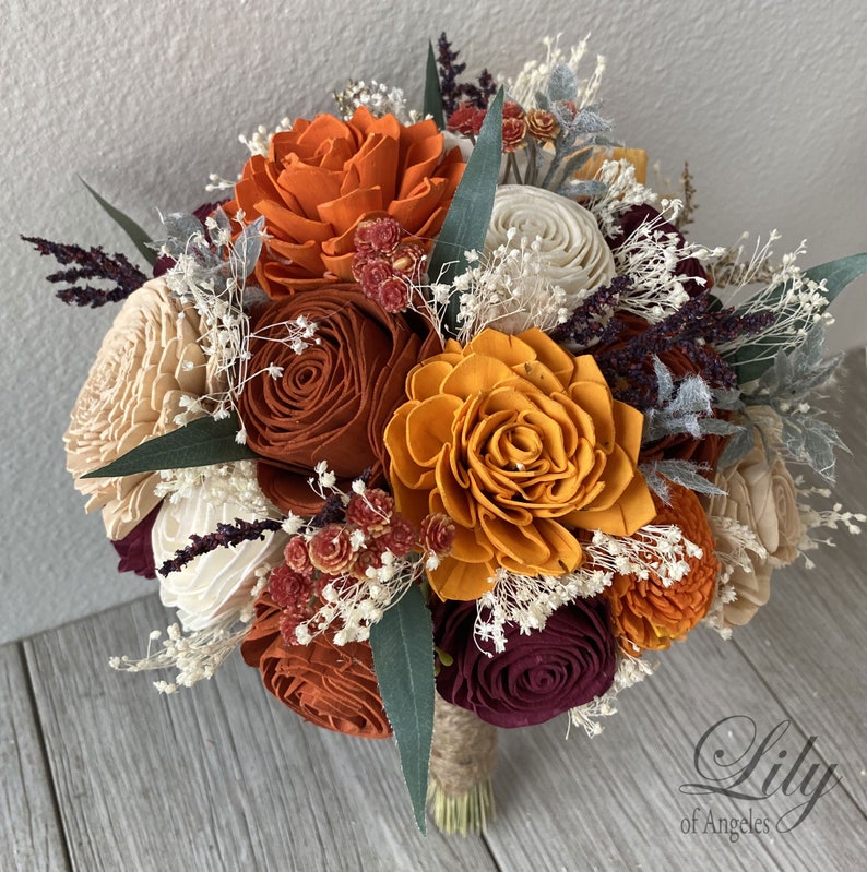 Wedding Bouquet, Bridal Bouquet, Sola Flower, Boutonniere, Wedding Flower, Wooden Flower, Rust, Burnt Orange, Rustic, Boho, Lily of Angeles image 3