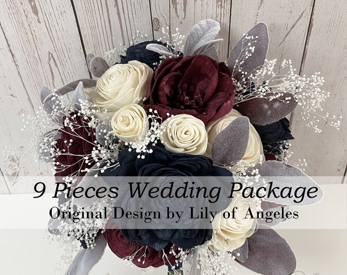 Wedding Bouquet, Bridal Bouquet, 9Pcs Package, Sola, Wedding Flower, Wooden, Burgundy, Ivory, Navy, Dark Blue, Rustic, Boho, Lily of Angeles