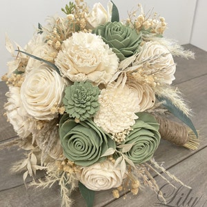 Wedding Bouquet, Bridal Bouquet, Sola Flower, Wedding Flower, Wooden Flower, Green, Sage, Eucalyptus, Corsage, Rustic, Boho, Lily of Angeles zdjęcie 10