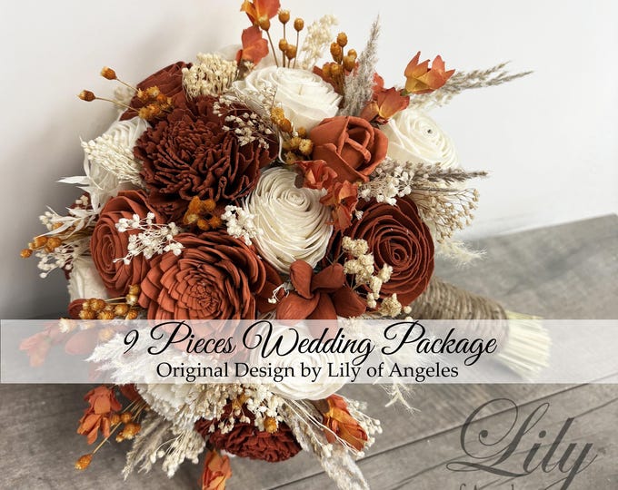 9 Pcs Package, Wedding Bouquet, Bridal, Sola Flower, Wedding Flower, Wooden Flower, Rust , Orange, Corsage, Rustic, Boho, Lily of Angeles