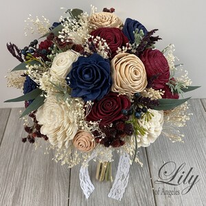 Wedding Bouquet, Bridal Bouquet, Sola Flower, Wedding Flower, Wooden Flower, Burgundy, Navy, Blush, Rustic, Boho, Lily of Angeles image 3