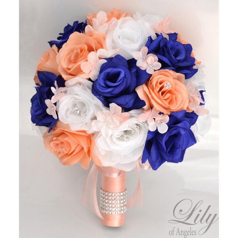 Blue Wedding Flowers Bridal Bouquet Royal Wedding Bouquet Peach Silk Flower Bouquet Lily of Angeles Bridesmaid Bouquet 17 Pcs Navy