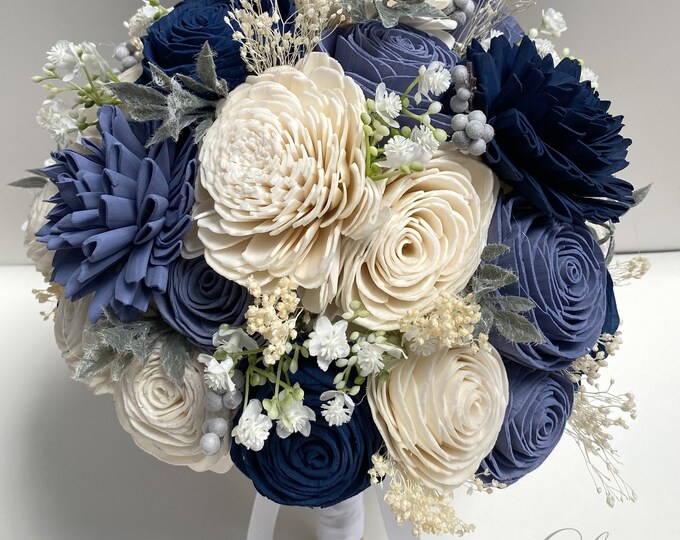 Wedding Bouquet, Cascade Bridal Bouquet, Sola Flower, Wedding Flower, Wooden Flower, Navy, Dusty Blue Periwinkle Rustic Boho Lily of Angeles