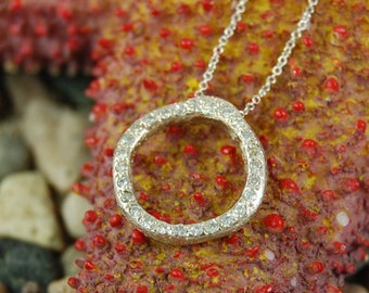 Circle of Life Necklace in Sculpted 14K White Gold, Pave Necklace, White Gold Necklace, Circle Necklace, Pave Pendant, Diamond Necklace.