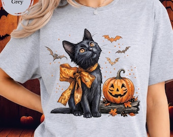 Spooky Season Cat Lover Tee, Halloween Black Cat Pumpkin Shirt