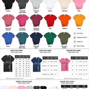 Pode incluir: Uma tabela de cores para t-shirts e bodies unissexo em jersey, exibindo v&aacute;rias amostras de cores, incluindo preto, cinzento, branco, rosa, vermelho, laranja, dourado, azul e verde. Inclui tabelas de tamanhos detalhadas com medidas em polegadas.