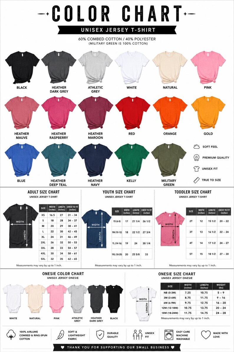 Pode incluir: Uma tabela de cores para t-shirts e bodies unissexo em jersey, exibindo v&aacute;rias amostras de cores, incluindo preto, cinzento, branco, rosa, vermelho, laranja, dourado, azul e verde. Inclui tabelas de tamanhos detalhadas com medidas em polegadas.