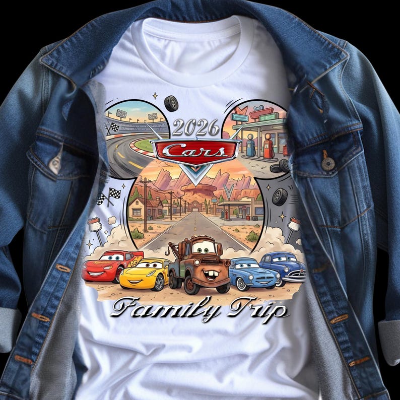Puede incluir: Camiseta blanca con un gr&aacute;fico colorido de la pel&iacute;cula Cars. El dise&ntilde;o incluye el texto "2026 Cars" y "Family Trip", junto con ilustraciones de los personajes y una escena de carretera des&eacute;rtica. La camiseta se muestra sobre una chaqueta vaquera.
