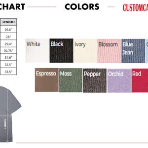 May include: Size chart for a t-shirt, with measurements in inches for sizes S to 4XL. Color swatches include white, black, ivory, blossom, blue jean, chambray, espresso, moss, pepper, orchid, and red. The brand name is CustomCamedu.