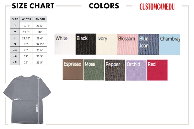 May include: Size chart for a t-shirt, with measurements in inches for sizes S to 4XL. Color swatches include white, black, ivory, blossom, blue jean, chambray, espresso, moss, pepper, orchid, and red. The brand name is CustomCamedu.