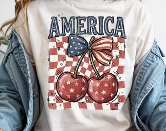 Cute 4th Of July Shirt, Patriotic Cherry Bow Tee