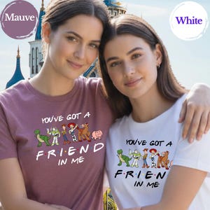 May include: Two women wearing matching t-shirts. One shirt is mauve, the other is white. Both shirts feature the phrase "YOU'VE GOT A FRIEND IN ME" with cartoon character graphics. The background includes a castle.