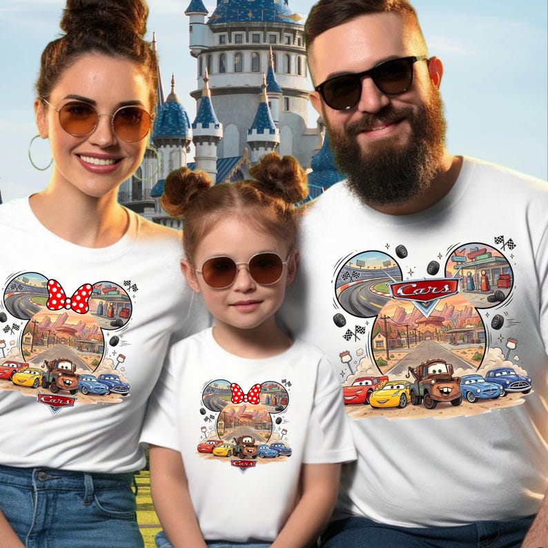 Pode incluir: Tr&ecirc;s camisetas brancas com um gr&aacute;fico dos personagens do filme Carros da Disney, incluindo Rel&acirc;mpago McQueen e Mate, dentro de uma silhueta de orelhas do Mickey Mouse. O design inclui uma paisagem des&eacute;rtica, uma pista e o logo Carros.