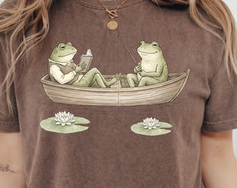 Cozy Book Lover Shirt, Cottagecore Frog Fishing Graphic Tee, Introvert Nature Gift