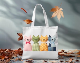 Patchwork Cat Tote Bag Quilted Cats Design Cottagecore Gift Reusable Canvas Includes Shirt Option