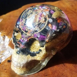 Orgone Skull with 4 Layers of Glow, 23k Gold leaf, Metatron Cube, Flower of Life, Labradorite, Moonstone and More image 1