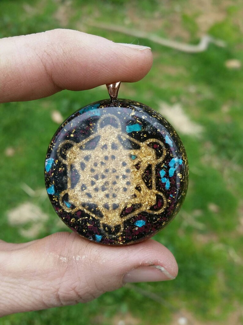 13 Moonstone Metatron Cube Orgone Pendant Super Rainbow Fire Double Sided Glow image 2