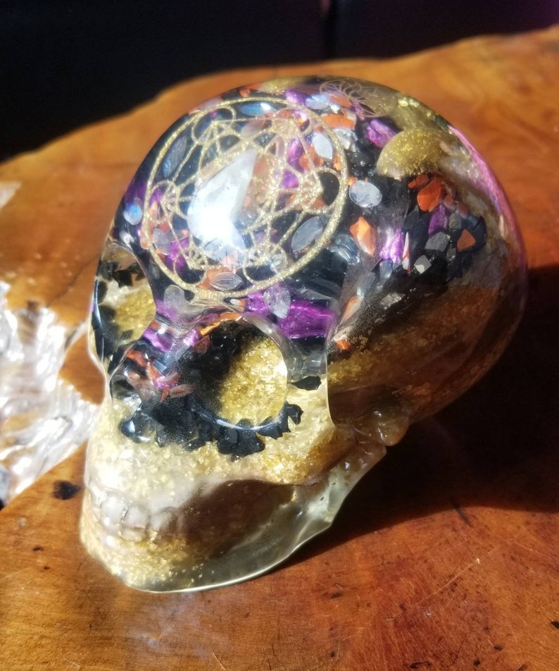 Orgone Skull with 4 Layers of Glow, 23k Gold leaf, Metatron Cube, Flower of Life, Labradorite, Moonstone and More image 1