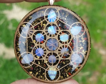 13 Moonstone Metatron Cube Orgone Pendant - Super Rainbow Fire - Double Sided Glow