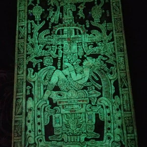 Gold Sarcophagus Lid of Lord Pakal Votan, Ancient Mayan King. Set with dozens of Moonstone, Labradorite and Sunstone. Glows in the Dark. image 2