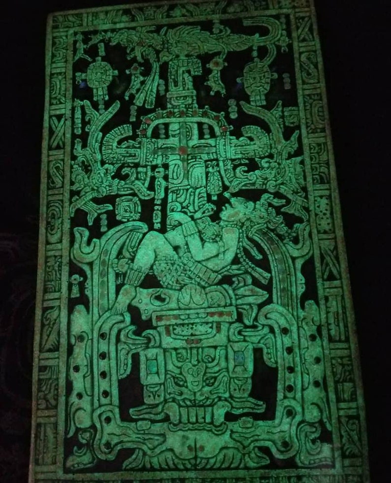 Gold Sarcophagus Lid of Lord Pakal Votan, Ancient Mayan King. Set with dozens of Moonstone, Labradorite and Sunstone. Glows in the Dark. image 2