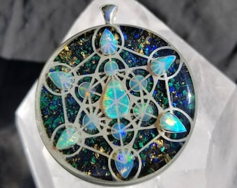 13 Welo Opal Metatron Cube Orgone Pendant with Noble Shungite and 23k Gold.  Glows Front and Back.