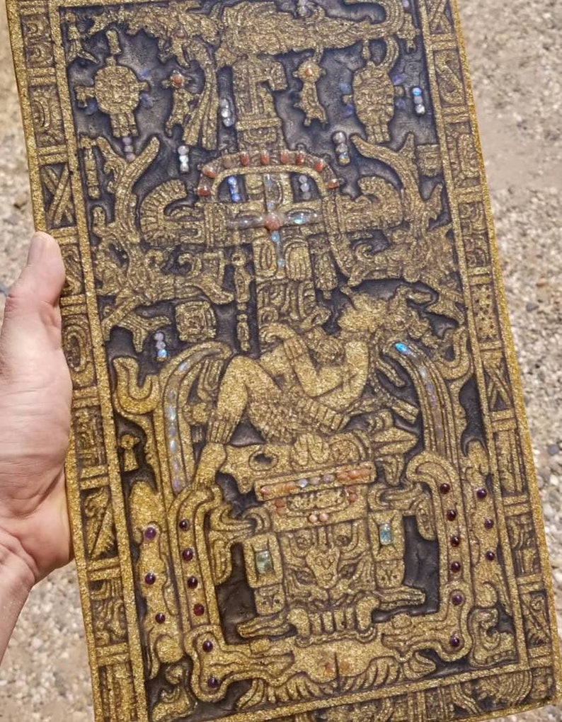 Gold Sarcophagus Lid of Lord Pakal Votan, Ancient Mayan King. Set with dozens of Moonstone, Labradorite and Sunstone. Glows in the Dark. image 1