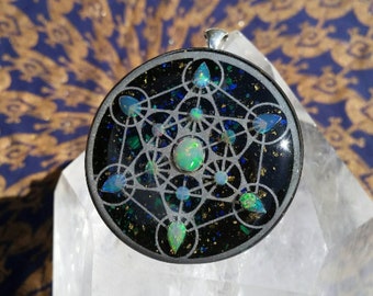 Metatron Cube Orgone Pendant with 13 Natural Ethiopian Opals, Azurite, Malachite, Noble Shungite, 23k Gold, Blue and Green Glow Design