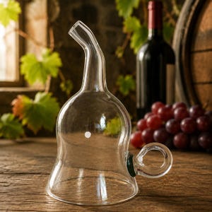 Peut inclure: Une carafe en verre transparent avec une base large, un col étroit et incurvé, et une petite anse circulaire sur le côté. Le récipient présente une surface lisse et transparente ainsi qu'un corps en forme de cloche pour verser les liquides.