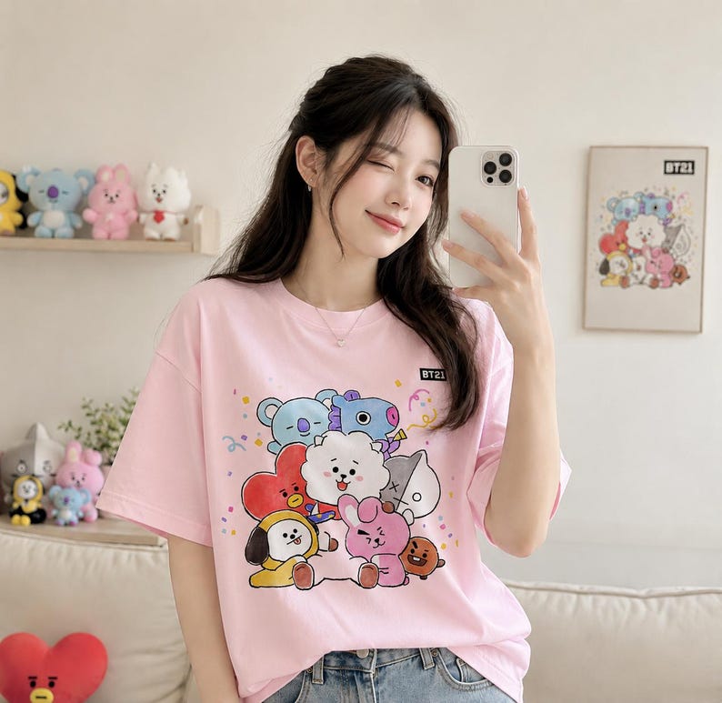 May include: A light pink t-shirt featuring a colorful graphic of cartoon characters. The shirt has short sleeves and a crew neck. The text "BT21" is printed on the shirt. The shirt is worn by a person.