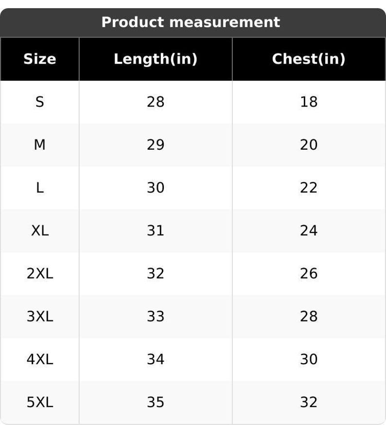 May include: A product measurement chart with size, length in inches, and chest in inches. Sizes range from S to 5XL, with lengths from 28 to 35 inches and chest measurements from 18 to 32 inches.