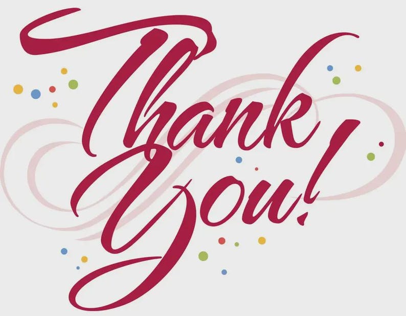 May include: A white background with the words "Thank You!" in a flowing, dark red script. Soft, light red swirls and colorful dots accent the text, creating a cheerful and appreciative design.