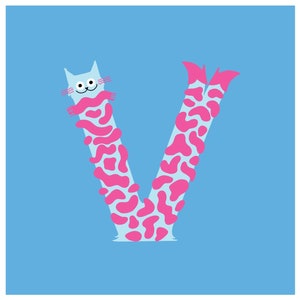 Letra V Meowphabet - Alfabeto - Impressão artística de letras iniciais - Impressão de letras iniciais de nomes infantis