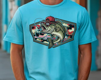 Bigmouth Bass with Camo Badge T-Shirt | Funny Fishing Tee | Gift for Boyfriend