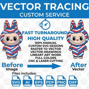 Pode incluir: Anúncio de serviços de vetorização. O texto diz "VECTOR TRACING CUSTOM SERVICE" e destaca "FAST TURNAROUND" e "HIGH QUALITY". Inclui tipos de arquivo: SVG, AI, EPS, PDF, PNG e DXF. Apresenta um personagem de desenho animado antes e depois da vetorização.