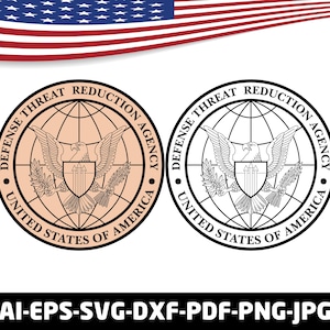 Könnte beinhalten: Zwei kreisförmige Logos mit dem Text "Defense Threat Reduction Agency" und "United States of America". Ein Logo ist beige mit einem Adler- und Schilddesign. Das andere ist eine Schwarz-Weiß-Umrisszeichnung. Dateitypoptionen werden darunter angezeigt.
