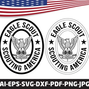 May include: Two oval graphic designs featuring an eagle emblem with wings spread, a banner reading BE PREPARED, and the text EAGLE SCOUT SCOUTING AMERICA. One design has a thick black border, the other a thin outline. Text at the bottom reads AI-EPS-SVG-DXF-PDF-PNG-JPG.