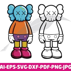 Puede incluir: Dos figuras de dibujos animados, una coloreada y otra delineada en negro. La figura coloreada tiene una cabeza azul con ojos tachados, una camisa naranja, pantalones cortos morados y zapatos rosas. El texto en la parte inferior dice "AI-EPS-SVG-DXF-PDF-PNG-JPG."