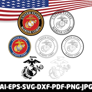 May include: Collection of United States Marine Corps emblems in various styles, including color and black and white versions. The emblems feature an eagle, globe, and anchor design, with the text "United States Marine Corps". The image also includes file type options.