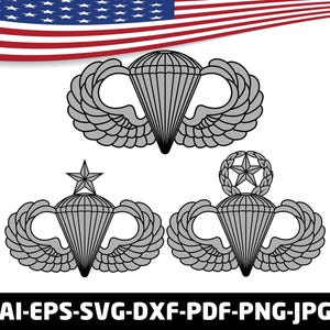 May include: Three gray parachute and wing insignia designs, each with a different top element: a star, a star on a wreath, and a plain top. The American flag is in the background. The bottom text reads: AI-EPS-SVG-DXF-PDF-PNG-JPG.