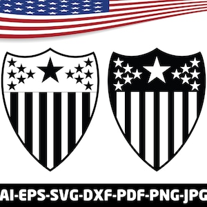 May include: Two shield-shaped designs with a patriotic theme. Each shield features a large star and smaller stars above vertical stripes. The designs are in black and white, with an American flag in the background. The bottom of the image displays file format options.
