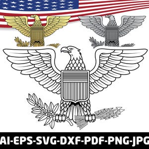 May include: An illustration featuring three eagle emblems. Two are in gold and silver, and one is a black and white outline. Each eagle holds a shield and olive branch. The American flag is in the background. The text "AI-EPS-SVG-DXF-PDF-PNG-JPG" is at the bottom.