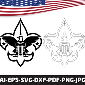 May include: A graphic illustration featuring two fleur-de-lis emblems, one solid black and one outlined in black, each containing an eagle with a shield and stars. The text AI-EPS-SVG-DXF-PDF-PNG-JPG is displayed at the bottom of the image.