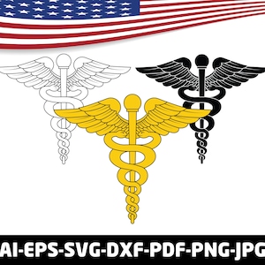 May include: Three Caduceus symbols in black, gold, and outline, with the American flag in the background. The Caduceus features wings, a staff, and intertwined snakes, a symbol of medicine. The image also includes file type options.