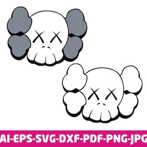 May include: Two cartoon skull designs with crossed-out eyes and grey ear-shaped elements. The designs are in black and white, with a pink banner at the bottom that reads "AI-EPS-SVG-DXF-PDF-PNG-JPG".