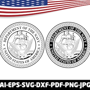 May include: Two black and white circular emblems of the U.S. Navy, featuring a sailing ship, eagle, and text. The top of the image shows the American flag. The bottom of the image shows file type options.