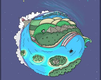 Lámina artística "Paz de Ballenas" / Paisaje surrealista de la naturaleza / Firmada, 10x10 cm, montada