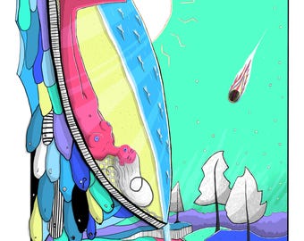 Lámina metálica decorativa para pared / Surrealismo pop: Surfista en el agua, fin del mundo / Edición limitada con certificado de autenticidad / Surfs Up: Orgasmic Chaos / 45,7 x 60,9 cm