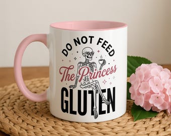 Caneca sem glúten, xícara de café da princesa esqueleto, não dê glúten para a princesa, presente engraçado, sarcástico e bem-humorado, utensílio para bebidas com restrição alimentar